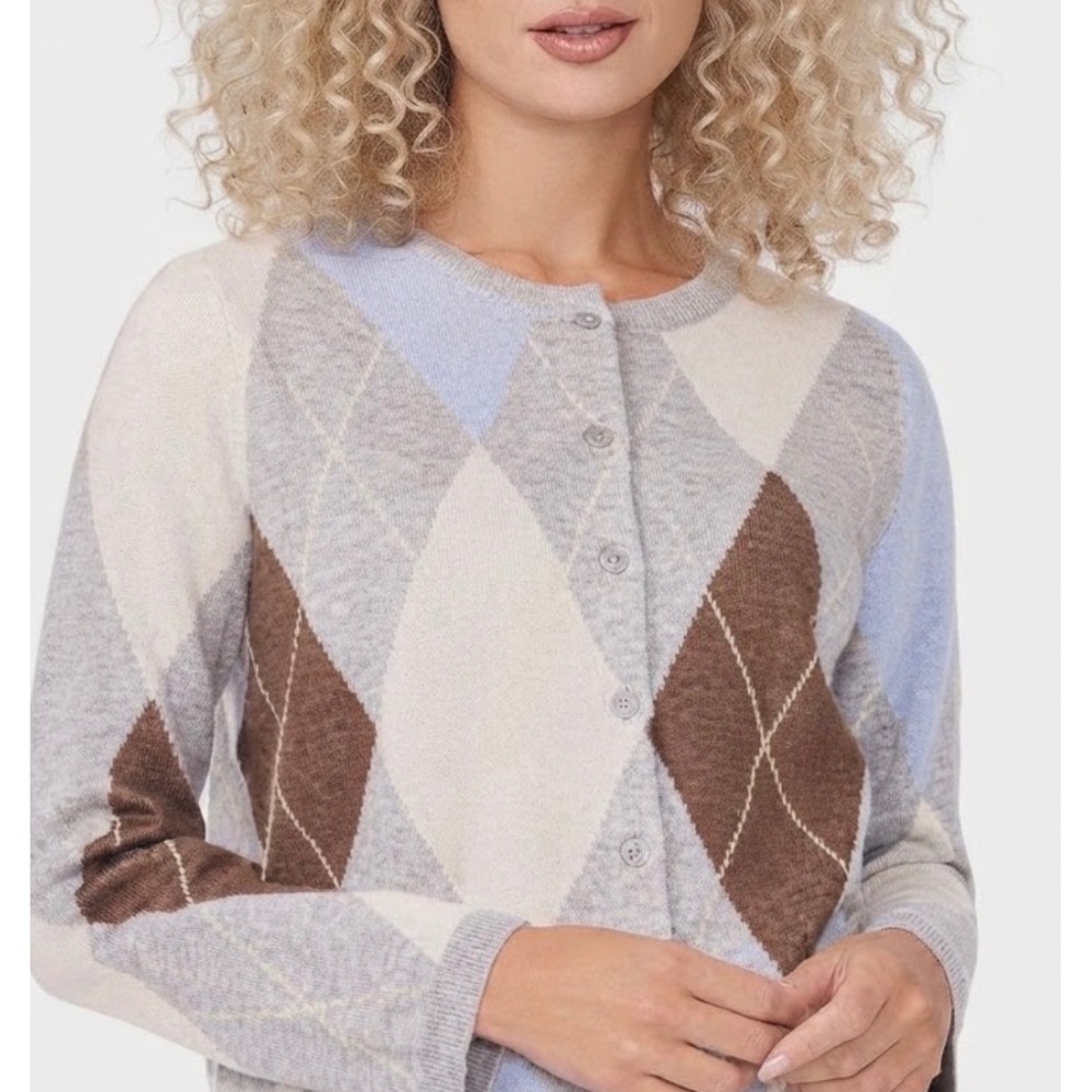 CeCe Women Argyle Button Front Cardigan Sweater Grey Blue Brown XL
